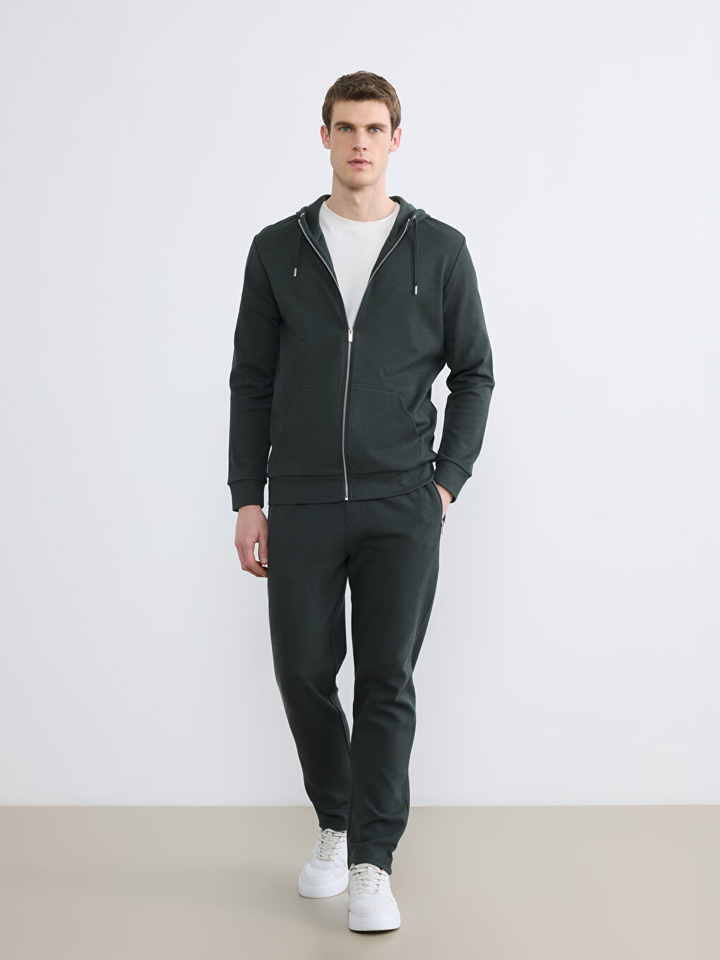 Yeşil Kapüşonlu Erkek Fermuarlı Sweatshirt-1