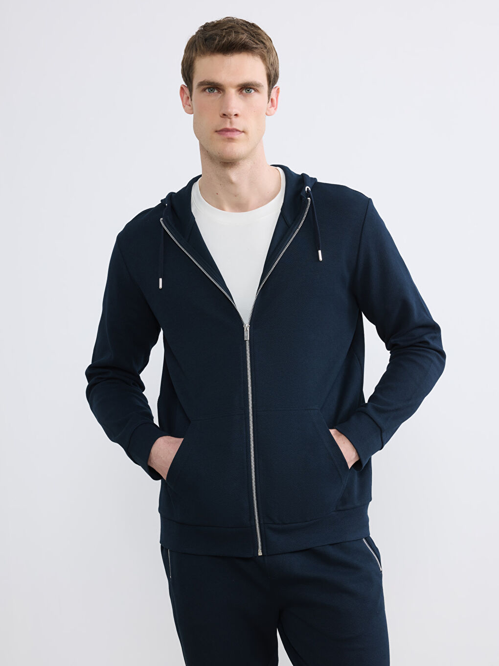 Lacivert Kapüşonlu Erkek Fermuarlı Sweatshirt