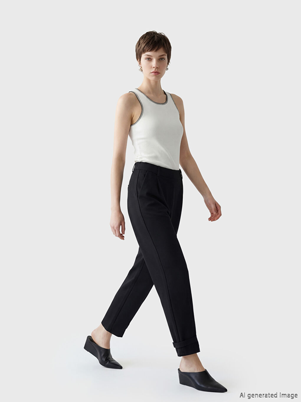 Siyah Yüksek Bel Pileli Kadın Kumaş Pantolon	