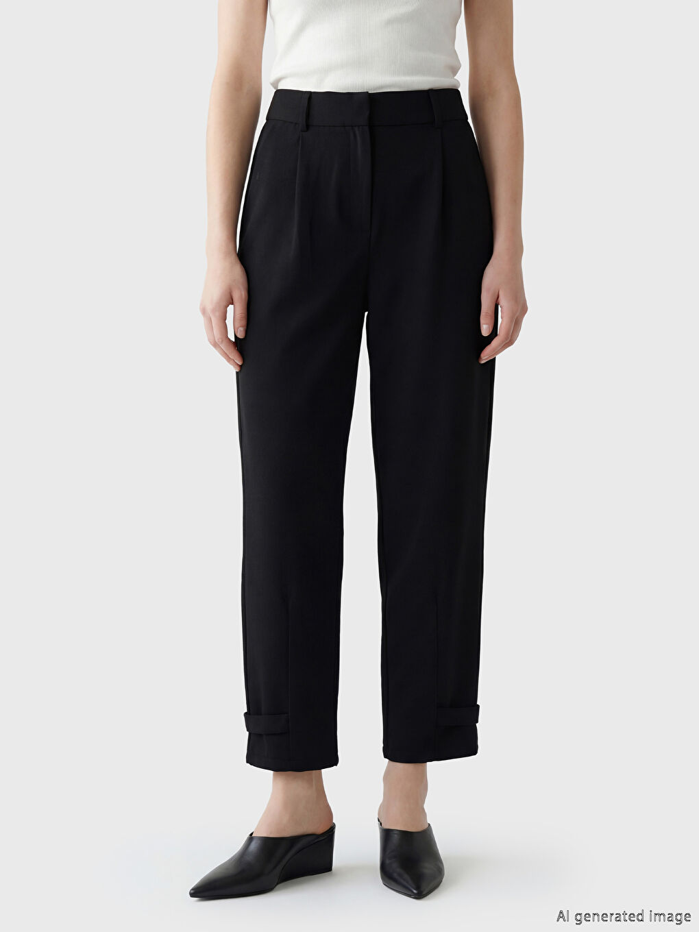 Siyah Yüksek Bel Pileli Kadın Kumaş Pantolon	-1