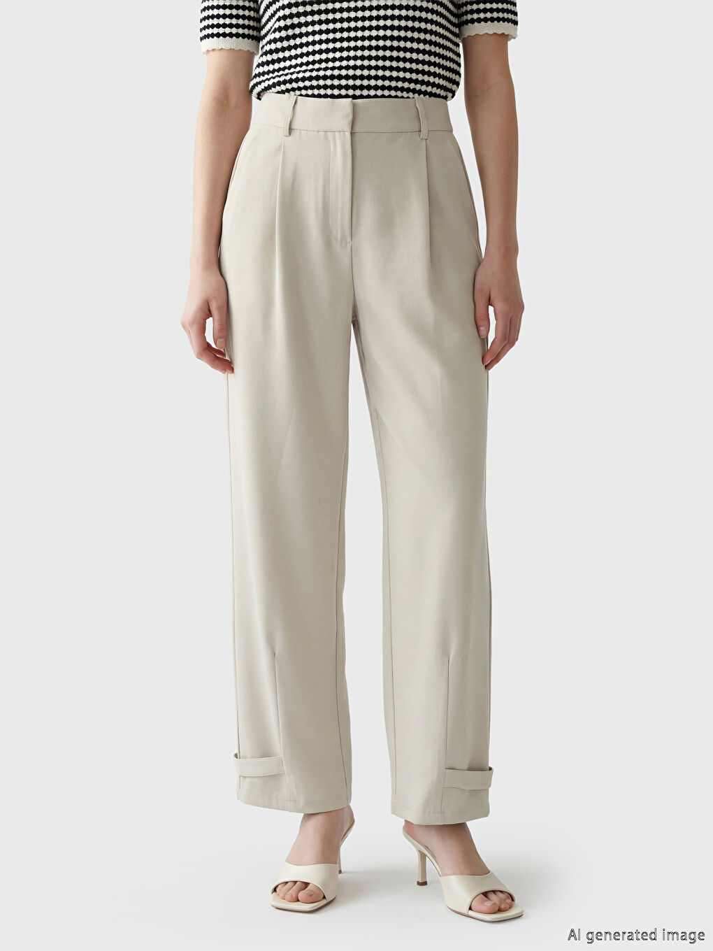 Bej Yüksek Bel Pileli Kadın Kumaş Pantolon	-1