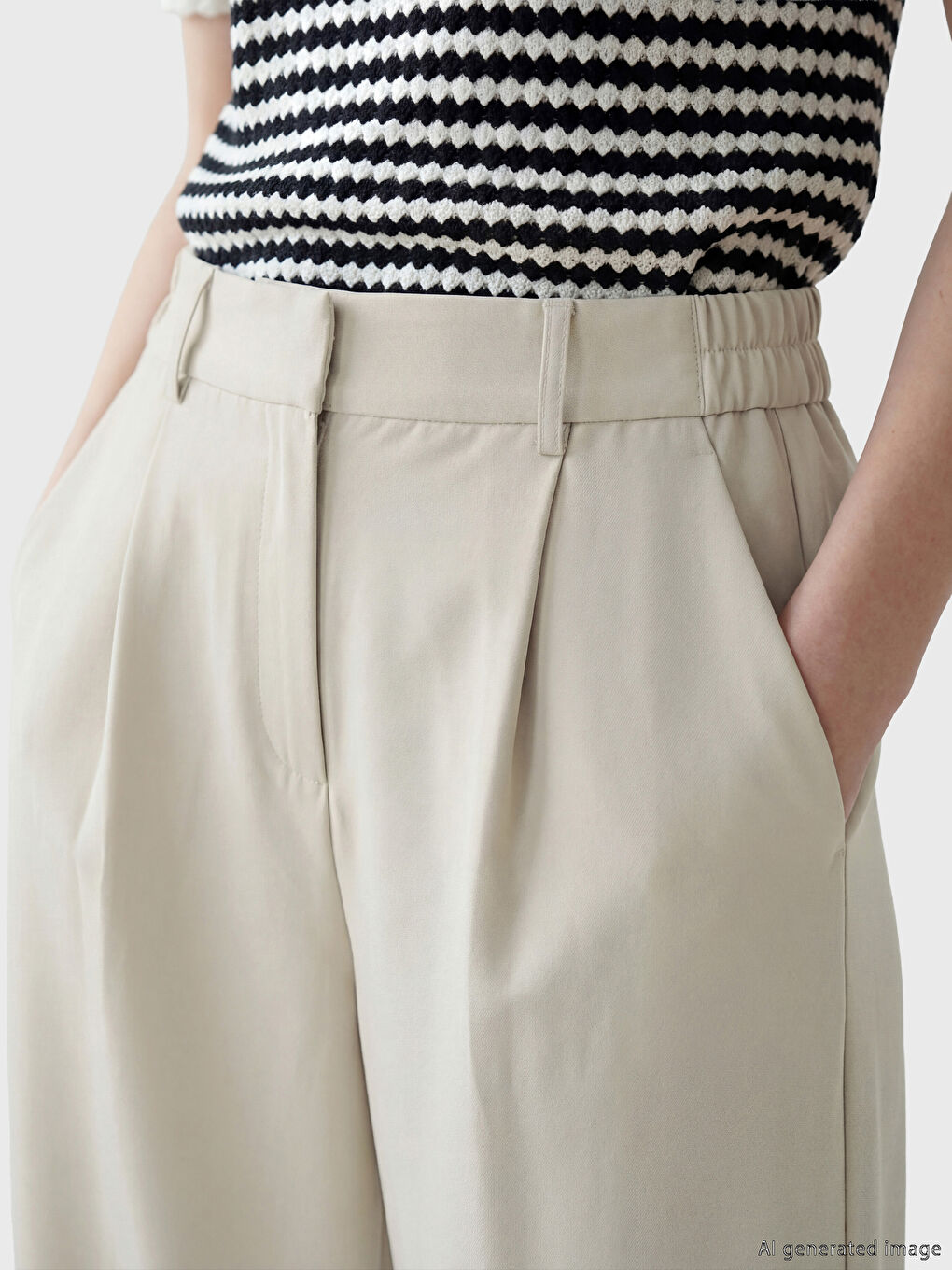 Bej Yüksek Bel Pileli Kadın Kumaş Pantolon	-2