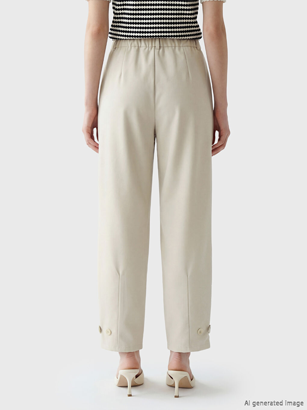 Bej Yüksek Bel Pileli Kadın Kumaş Pantolon	-3