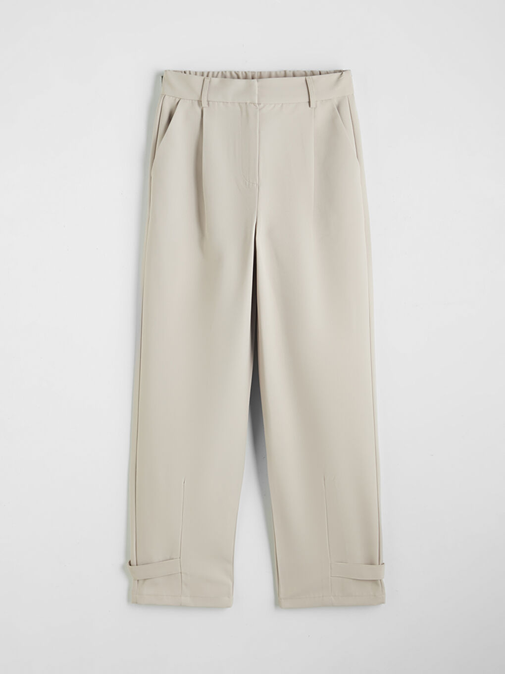 Bej Yüksek Bel Pileli Kadın Kumaş Pantolon	-4