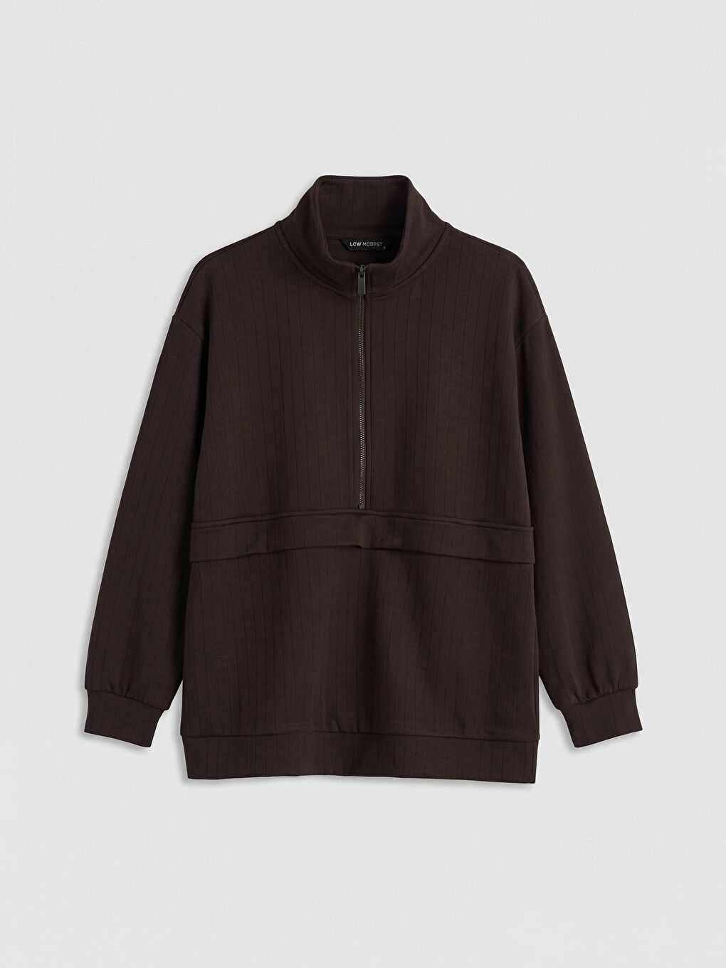 Kahverengi Dik Yaka Soft Touch Kadın Sweatshirt Tunik