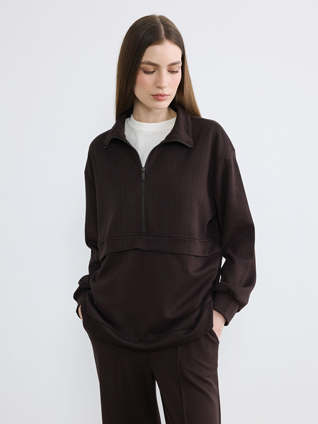 Kahverengi Dik Yaka Soft Touch Kadın Sweatshirt Tunik