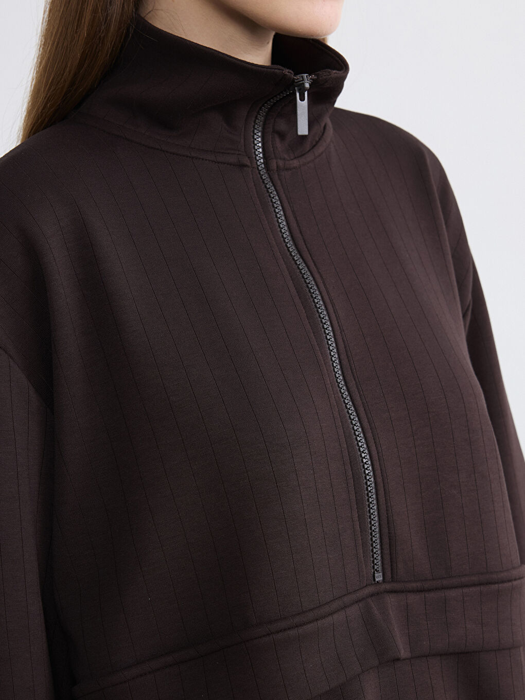 Kahverengi Dik Yaka Soft Touch Kadın Sweatshirt Tunik-2