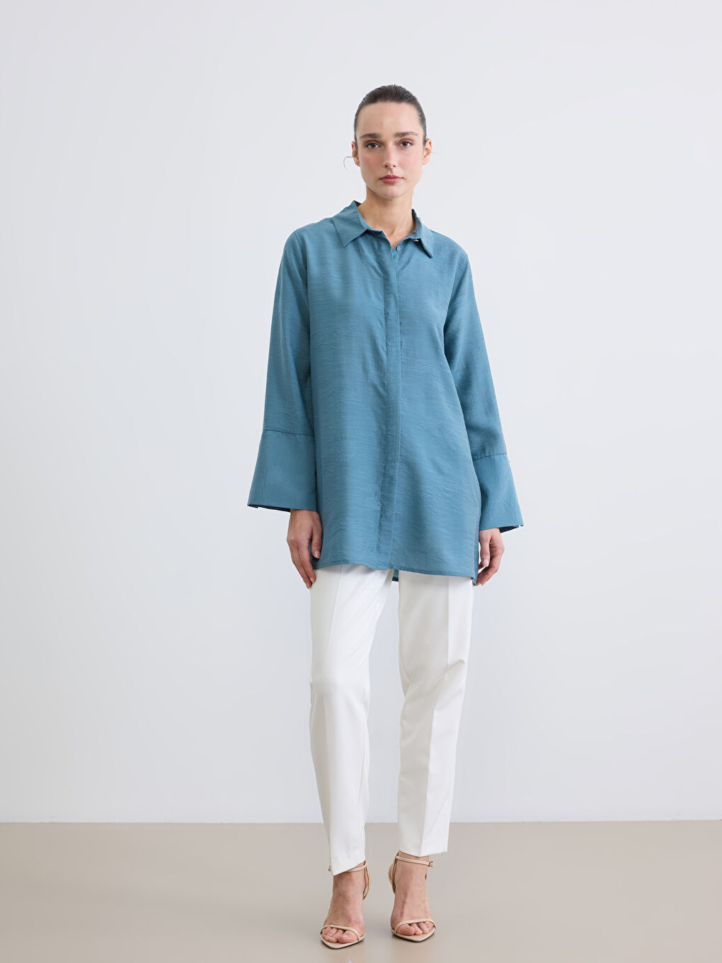 Petrol Desenli Oversize Kadın Gömlek Tunik-1