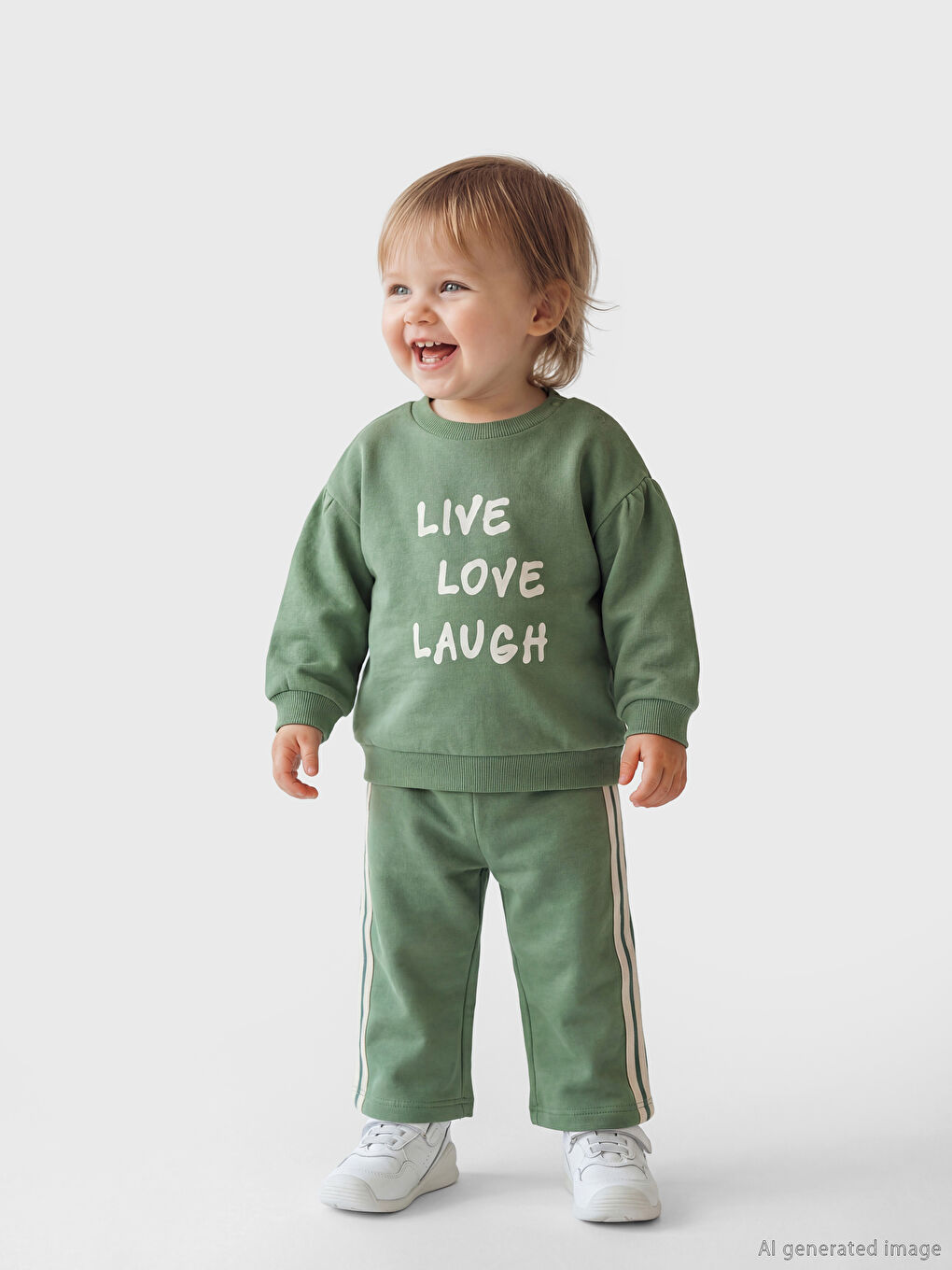 Yeşil Slogan Baskılı Kız Bebek Swatshirt ve Eşofman Altı