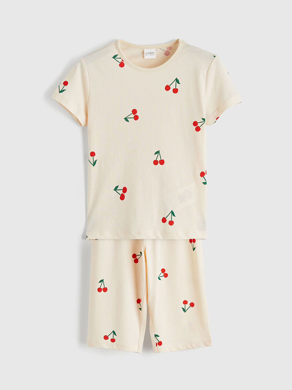 Ekru Kiraz Desenli Kız Çocuk Şortlu Pijama Takımı