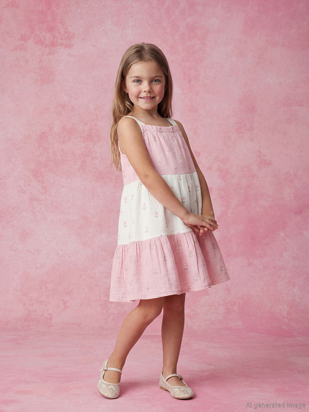 Karışık Kare Yaka Nakışlı Kız Çocuk Müslin Elbise-1