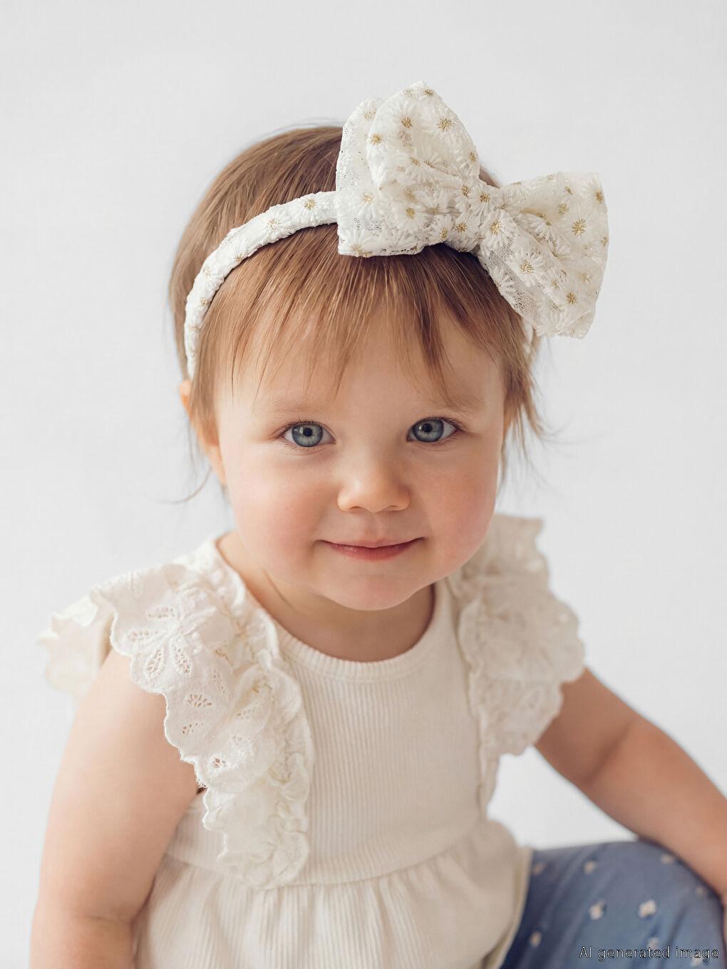 Ekru Fiyonk Detaylı Kız Bebek Taç-1