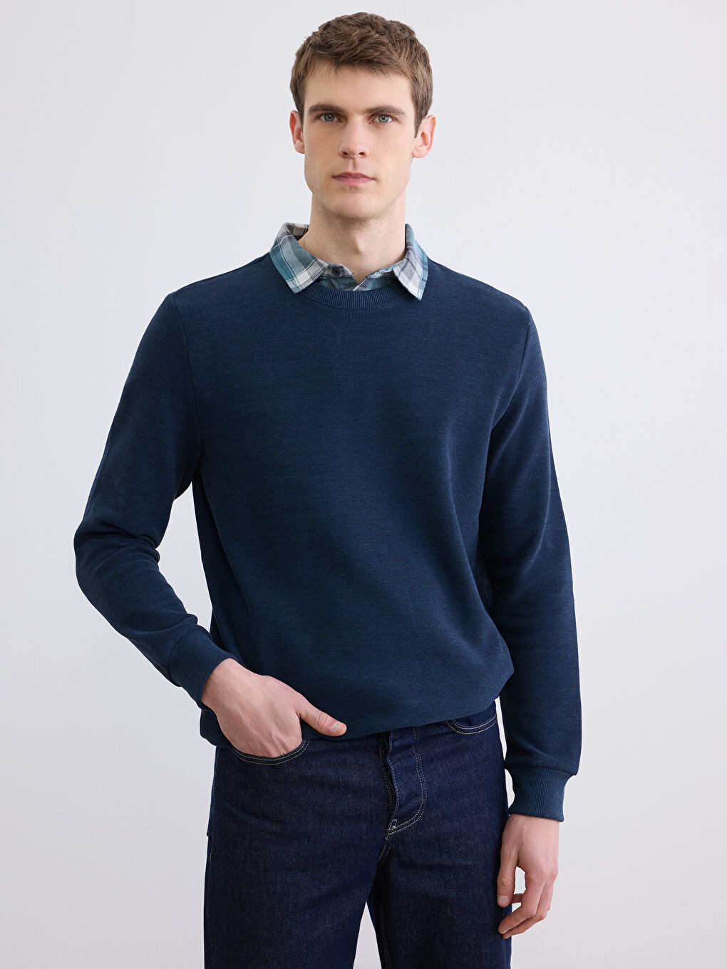 Lacivert Gömlek Yaka Erkek Sweatshirt