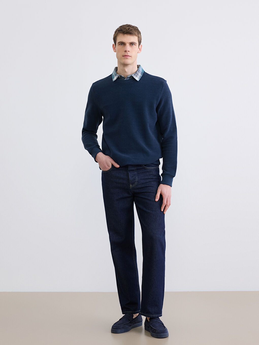 Lacivert Gömlek Yaka Erkek Sweatshirt-1