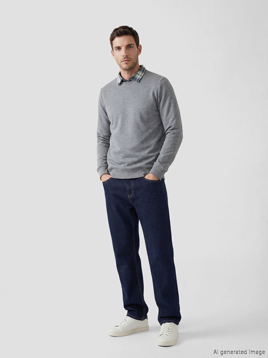 Gri Gömlek Yaka Erkek Sweatshirt-1