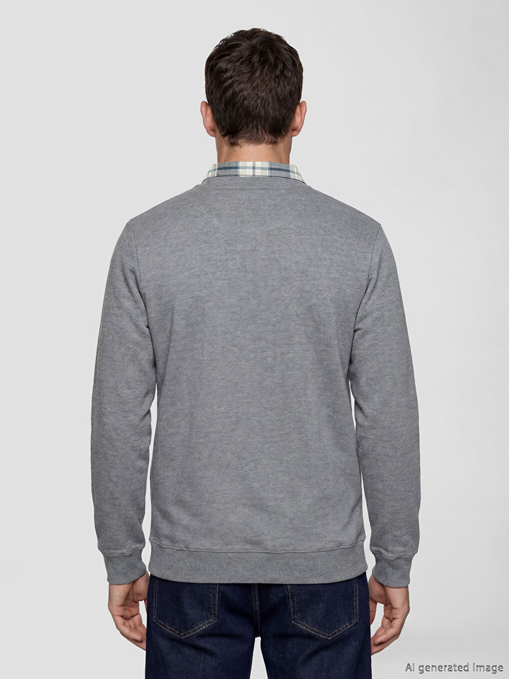 Gri Gömlek Yaka Erkek Sweatshirt-3