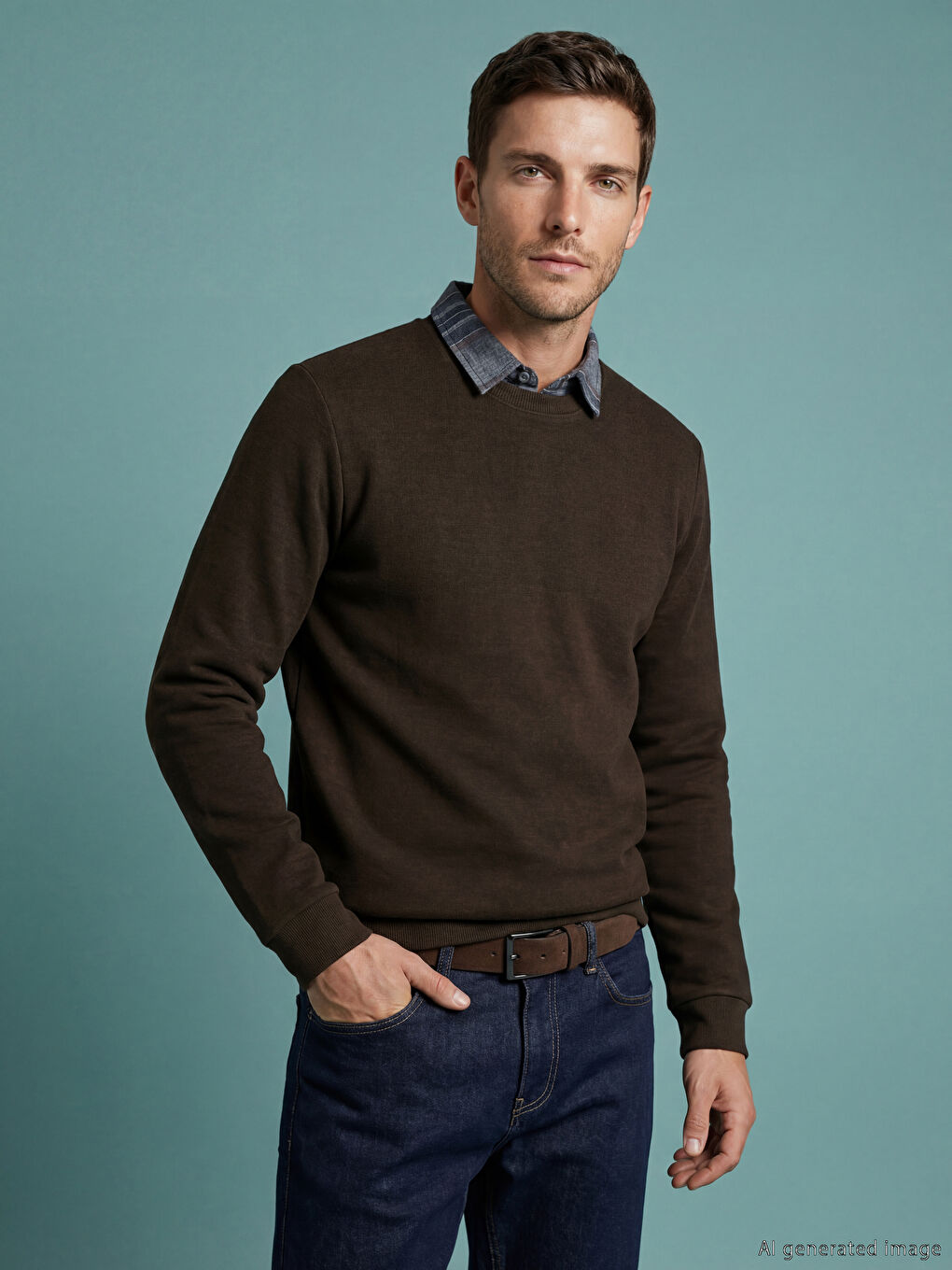 Kahverengi Gömlek Yaka Erkek Sweatshirt