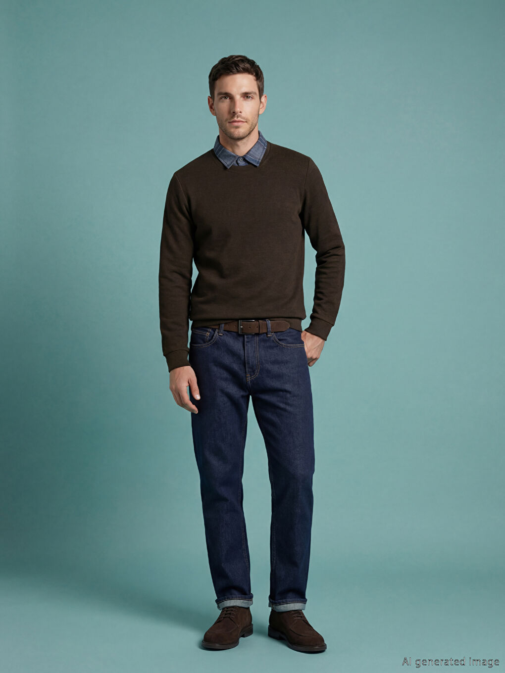 Kahverengi Gömlek Yaka Erkek Sweatshirt-1