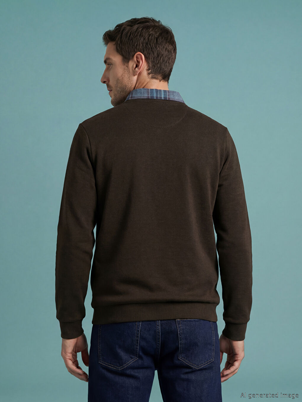 Kahverengi Gömlek Yaka Erkek Sweatshirt-2