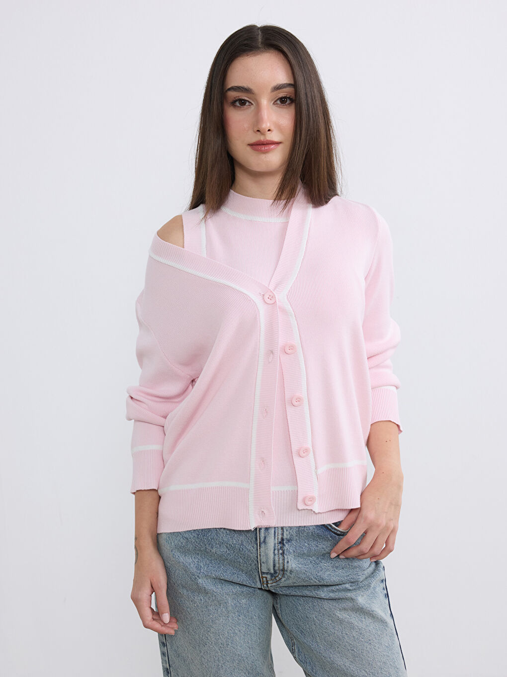 Pembe Petite V Yaka Kadın Triko Hırka