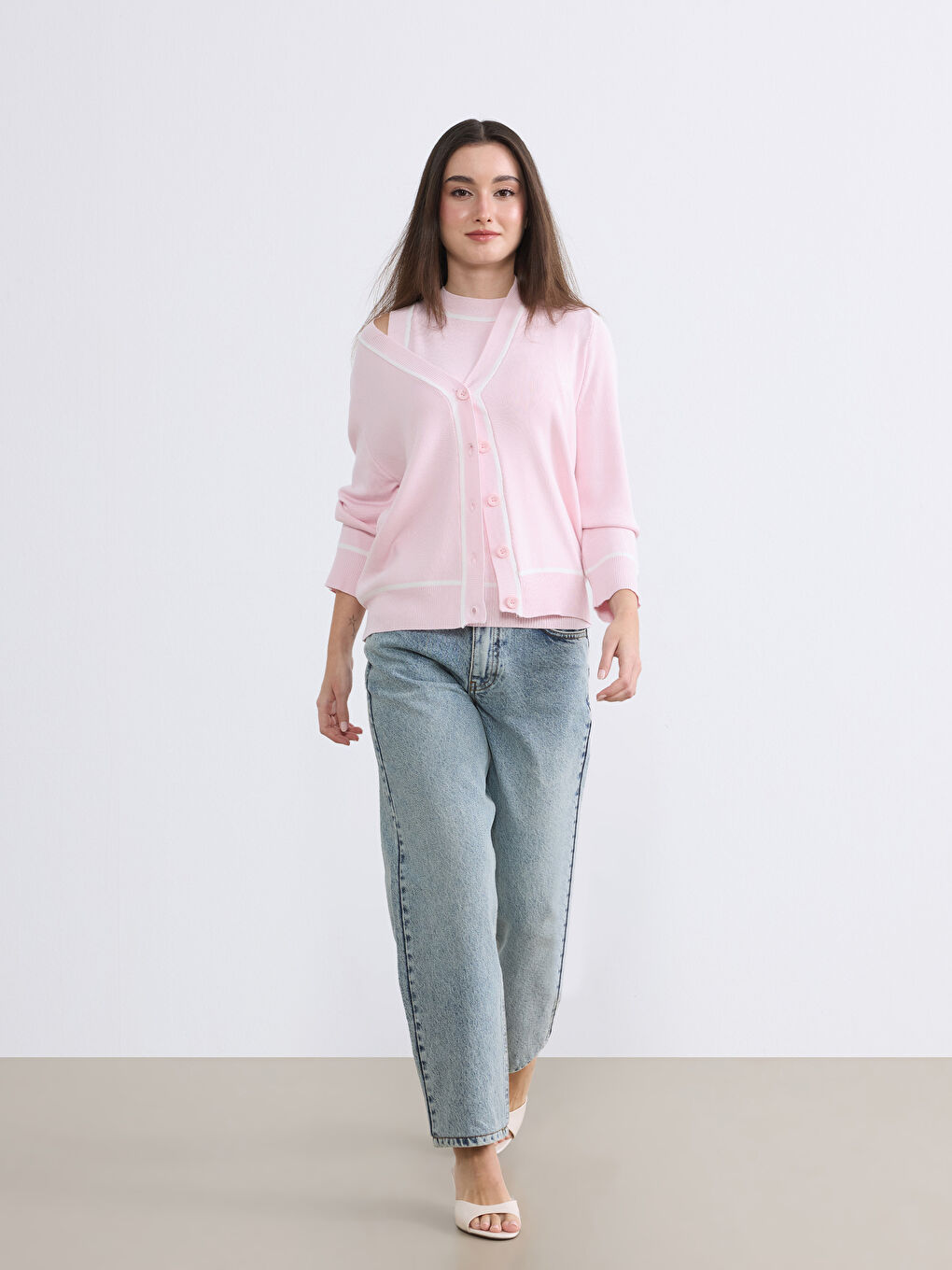 Pembe Petite V Yaka Kadın Triko Hırka-1