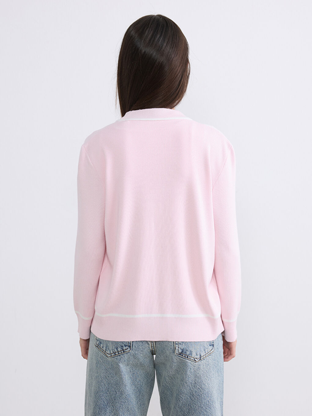 Pembe Petite V Yaka Kadın Triko Hırka-3