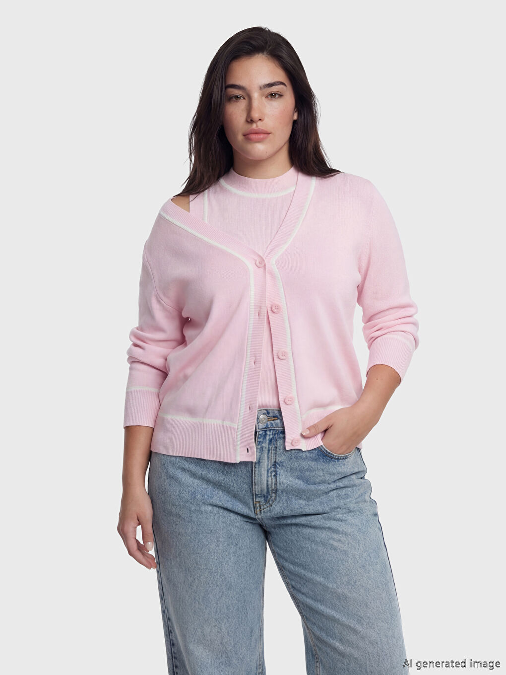 Pembe Petite V Yaka Kadın Triko Hırka-1