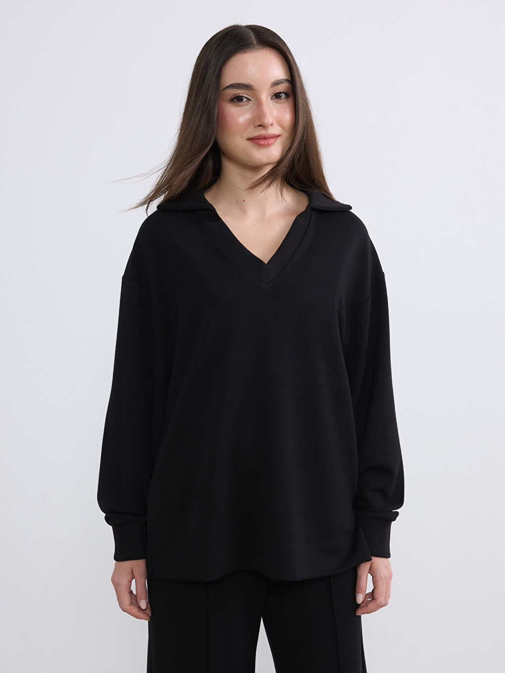 Siyah Petite Polo Yaka Kadın Sweatshirt