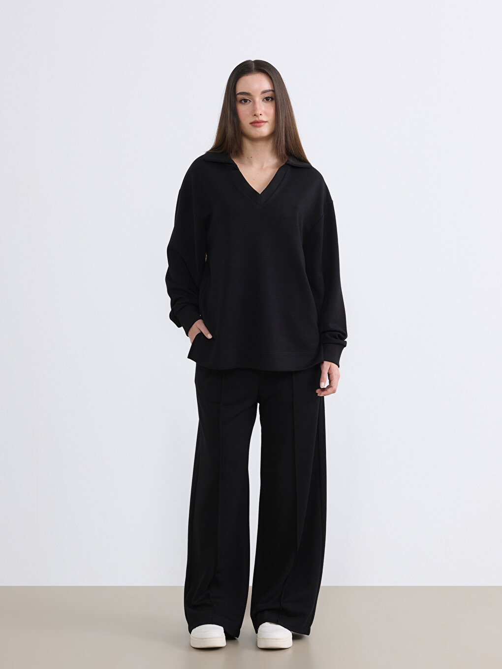 Siyah Petite Polo Yaka Kadın Sweatshirt-2