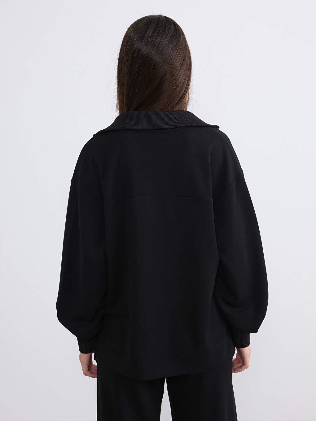 Siyah Petite Polo Yaka Kadın Sweatshirt-4