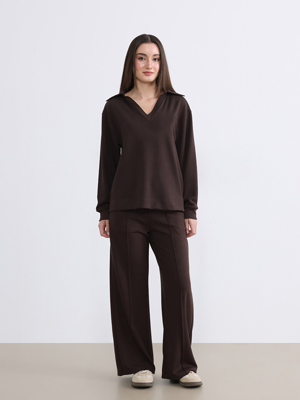 Kahverengi Petite Polo Yaka Kadın Sweatshirt-2