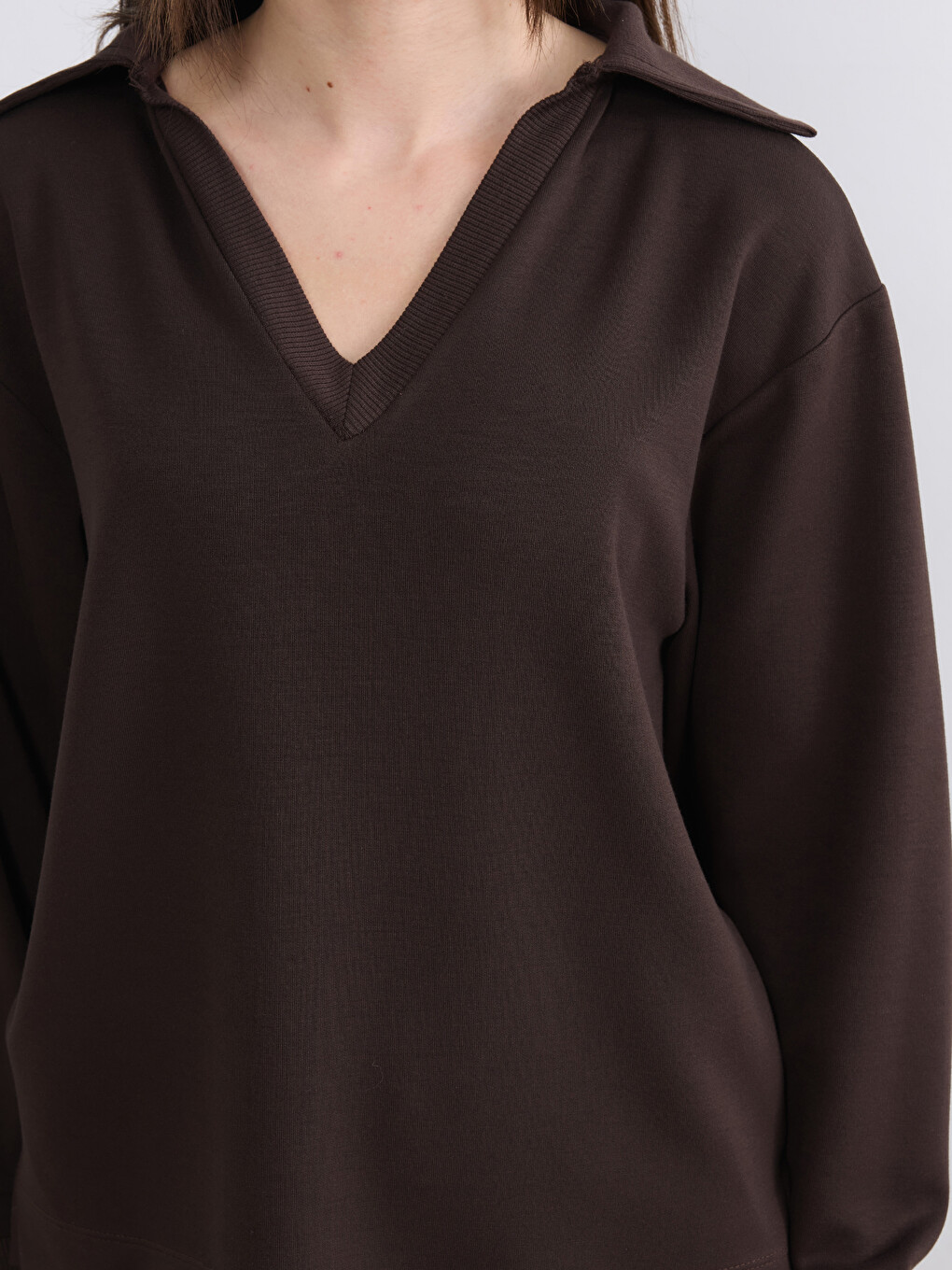 Kahverengi Petite Polo Yaka Kadın Sweatshirt-3