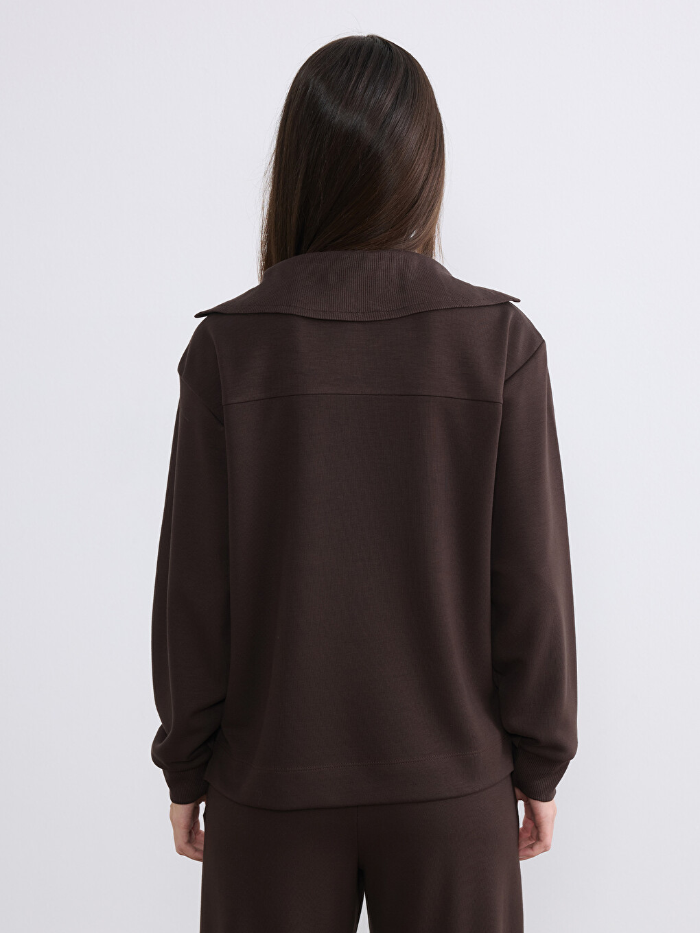 Kahverengi Petite Polo Yaka Kadın Sweatshirt-4