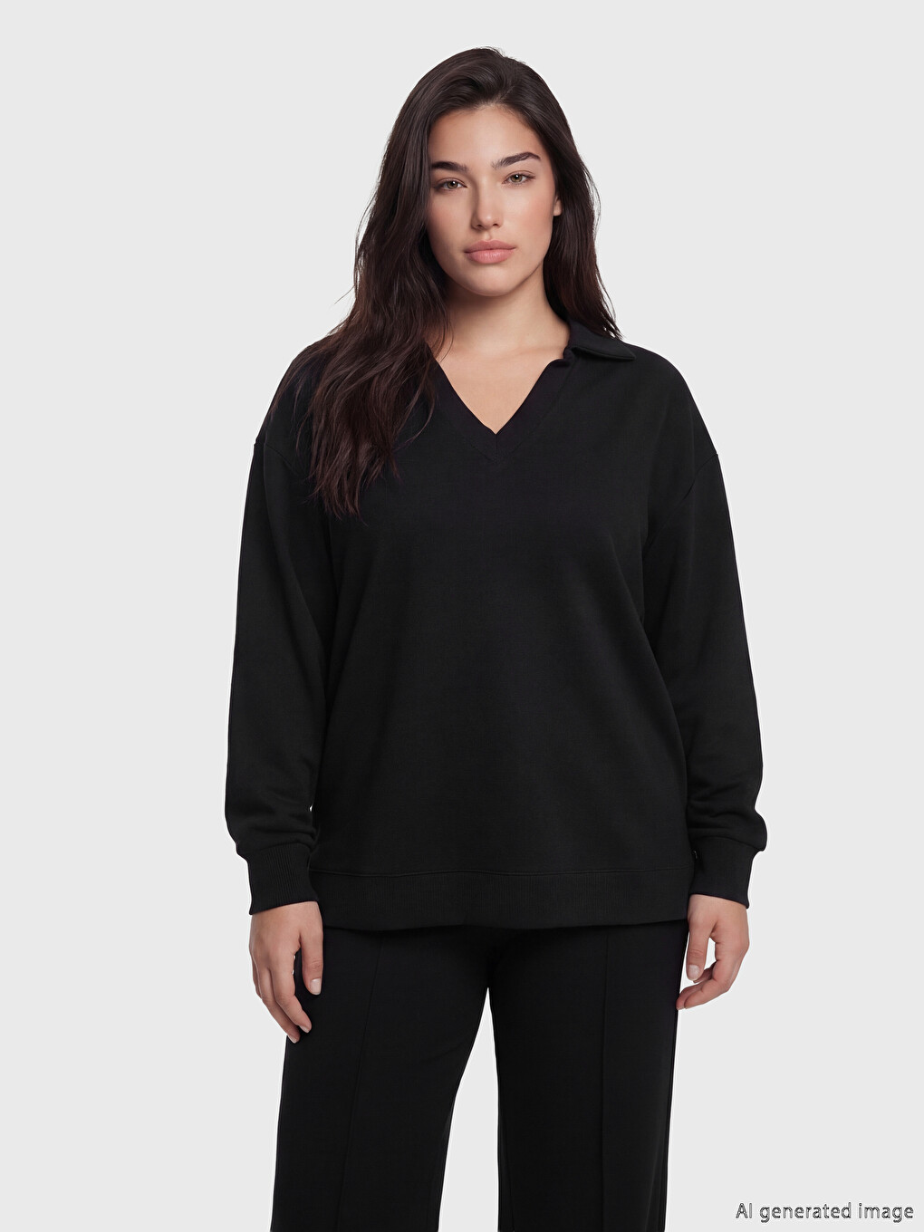 Siyah Petite Polo Yaka Kadın Sweatshirt-1