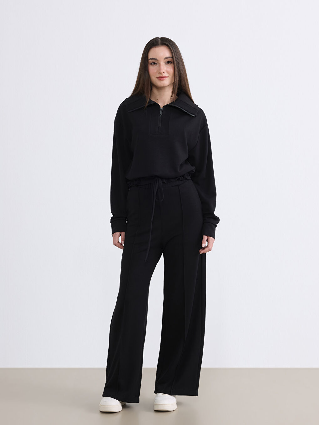 Siyah Petite Polo Yaka Kadın Sweatshirt-2