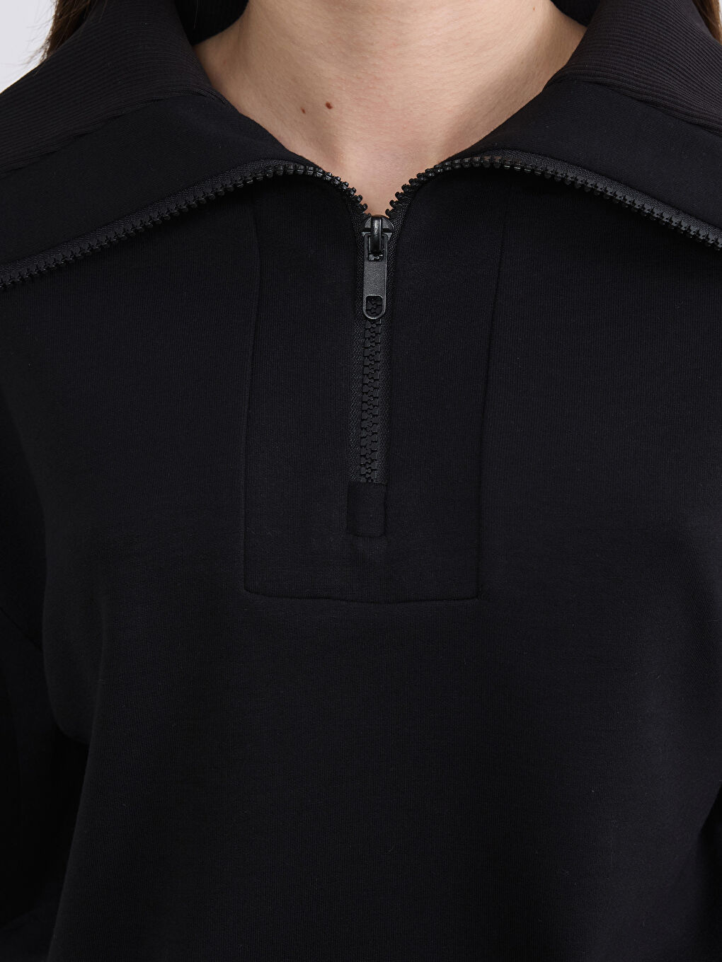 Siyah Petite Polo Yaka Kadın Sweatshirt-3