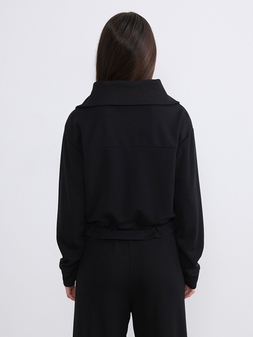 Siyah Petite Polo Yaka Kadın Sweatshirt-4