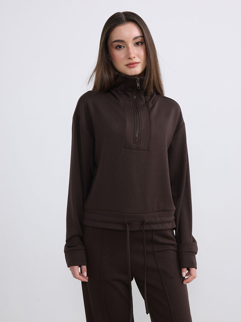 Kahverengi Petite Polo Yaka Kadın Sweatshirt