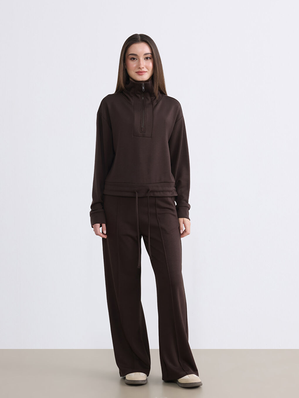 Kahverengi Petite Polo Yaka Kadın Sweatshirt-2