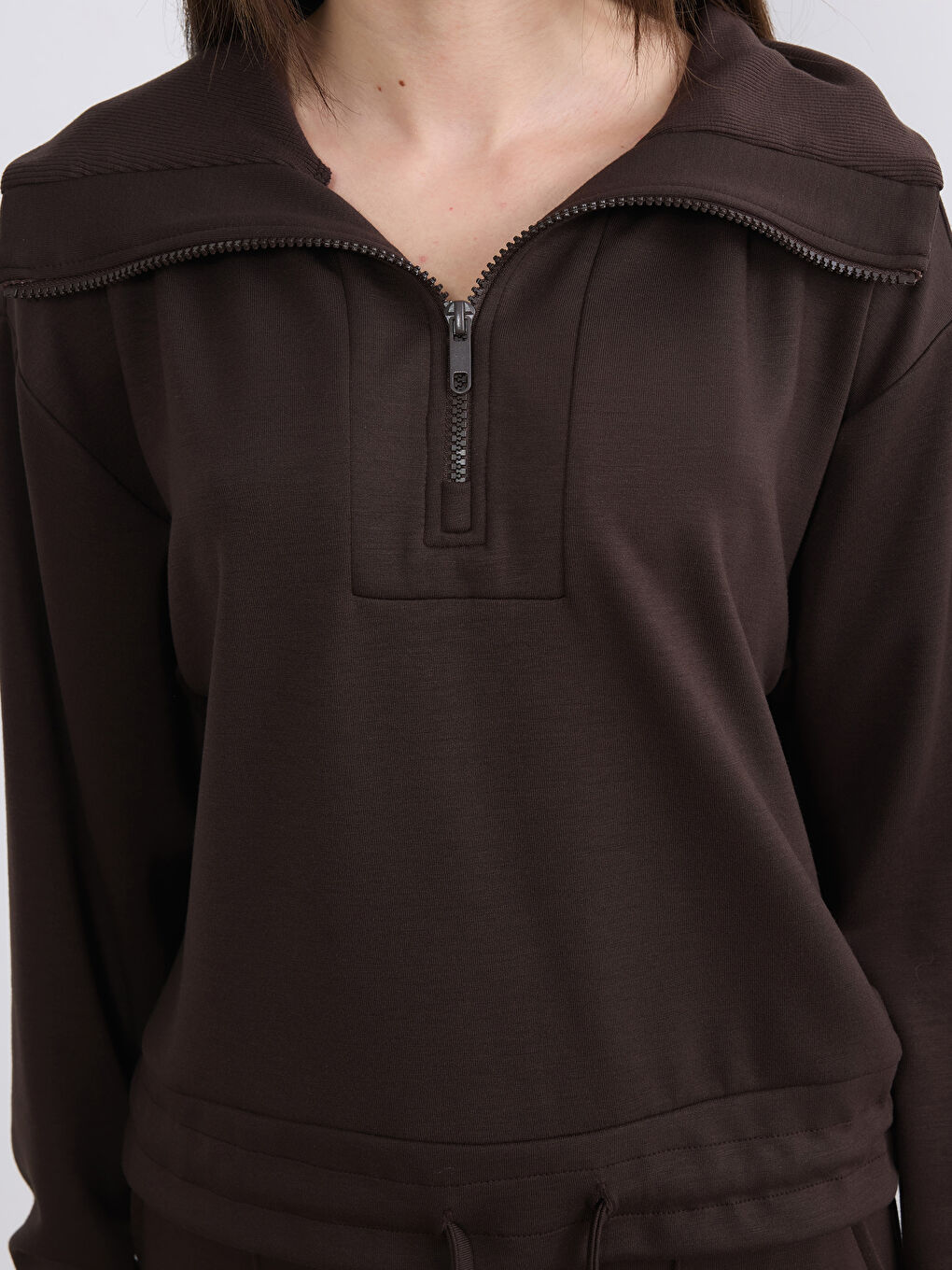 Kahverengi Petite Polo Yaka Kadın Sweatshirt-3