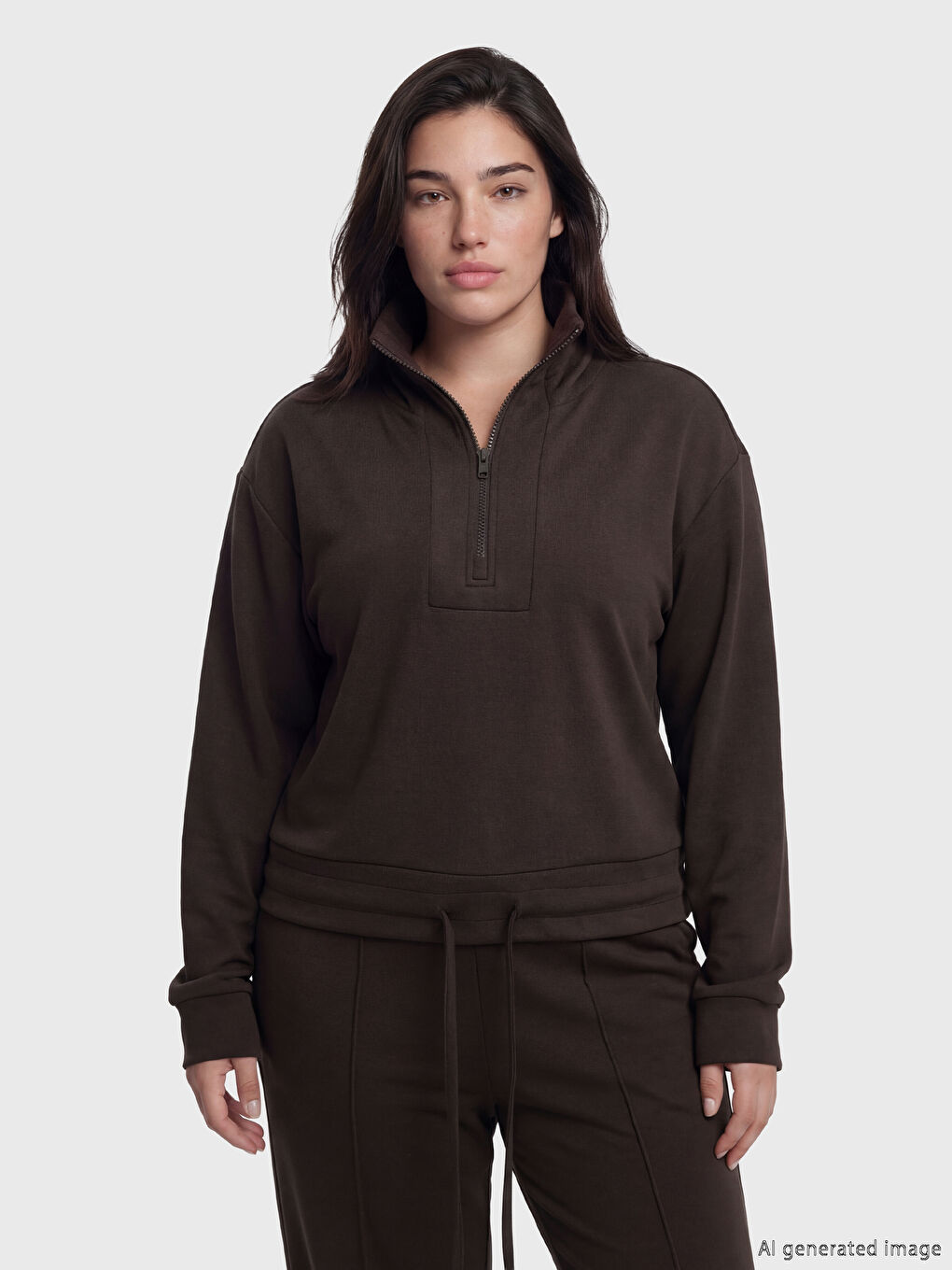 Kahverengi Petite Polo Yaka Kadın Sweatshirt-1