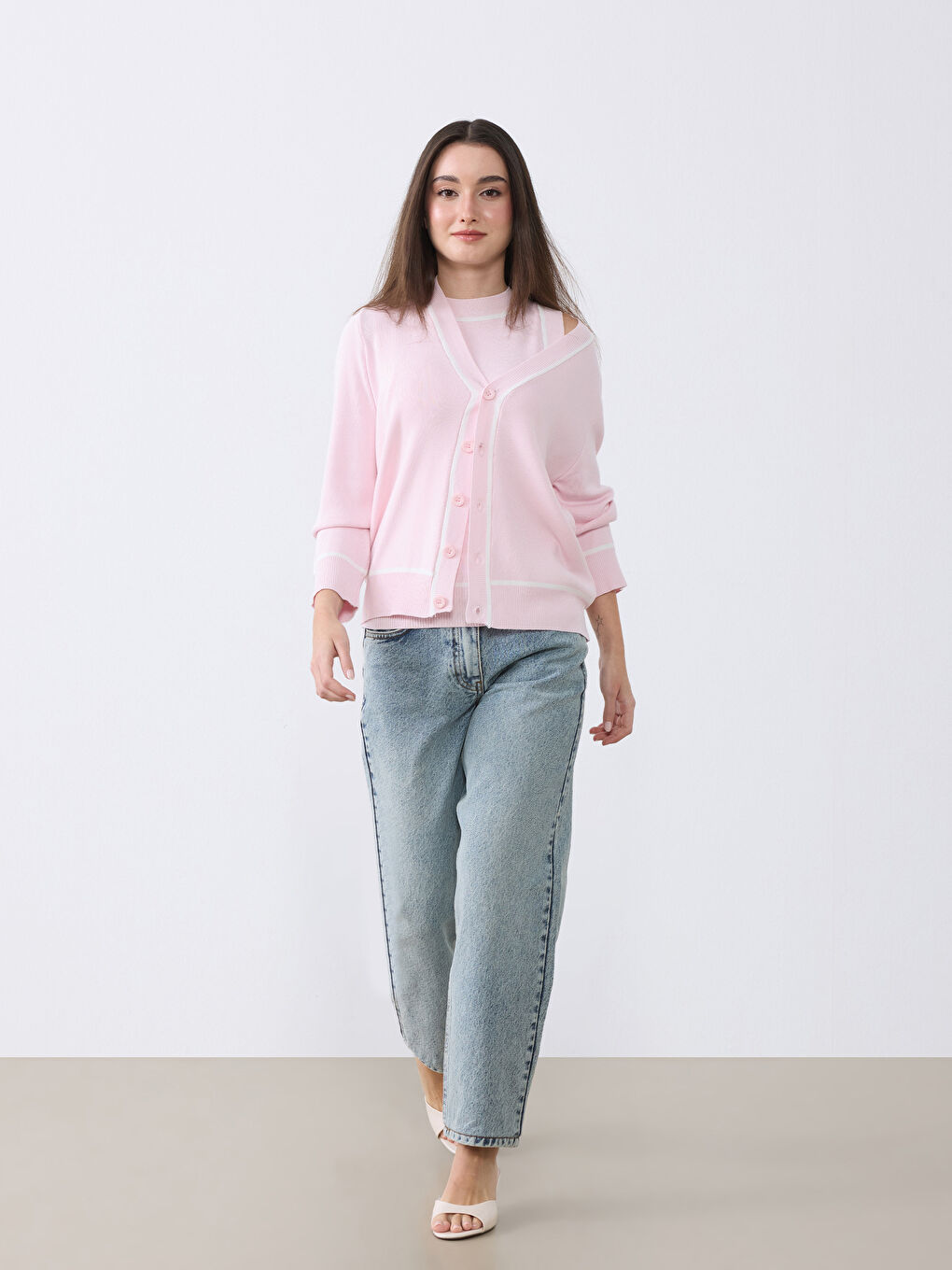 Pembe Petite Bisiklet Yaka Kadın Triko Atlet-1