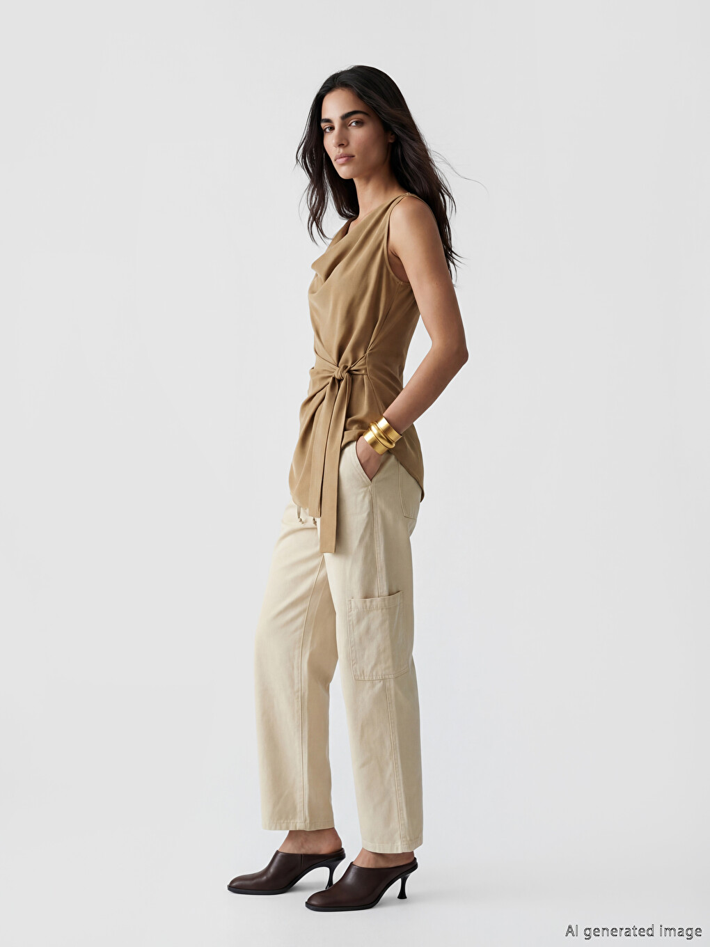 Bej Loose Fit Kadın Kargo Jean Pantolon
