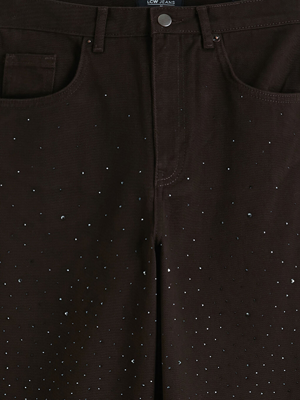 Kahverengi Yüksek Bel Wideleg Taşlı Kadın Jean Pantolon-2