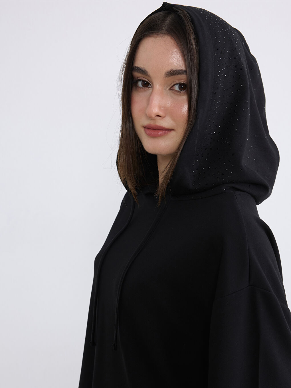 Siyah Petite Taşlı Kadın Hoodie