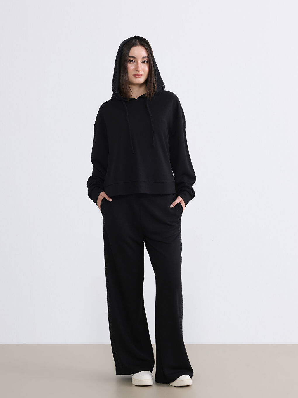 Siyah Petite Taşlı Kadın Hoodie-2