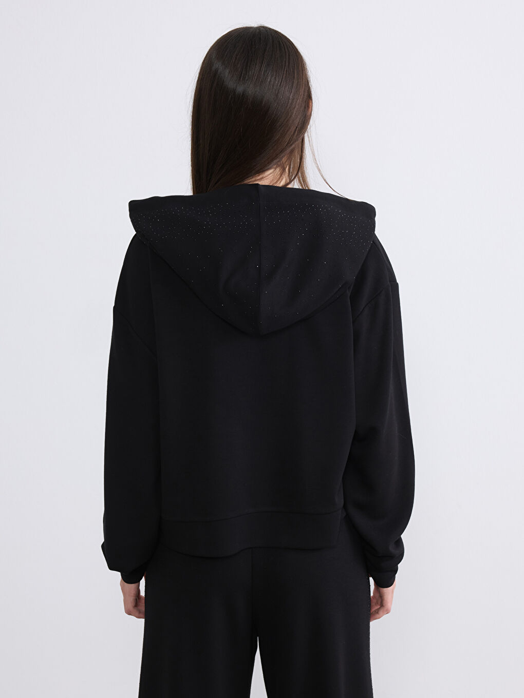 Siyah Petite Taşlı Kadın Hoodie-4
