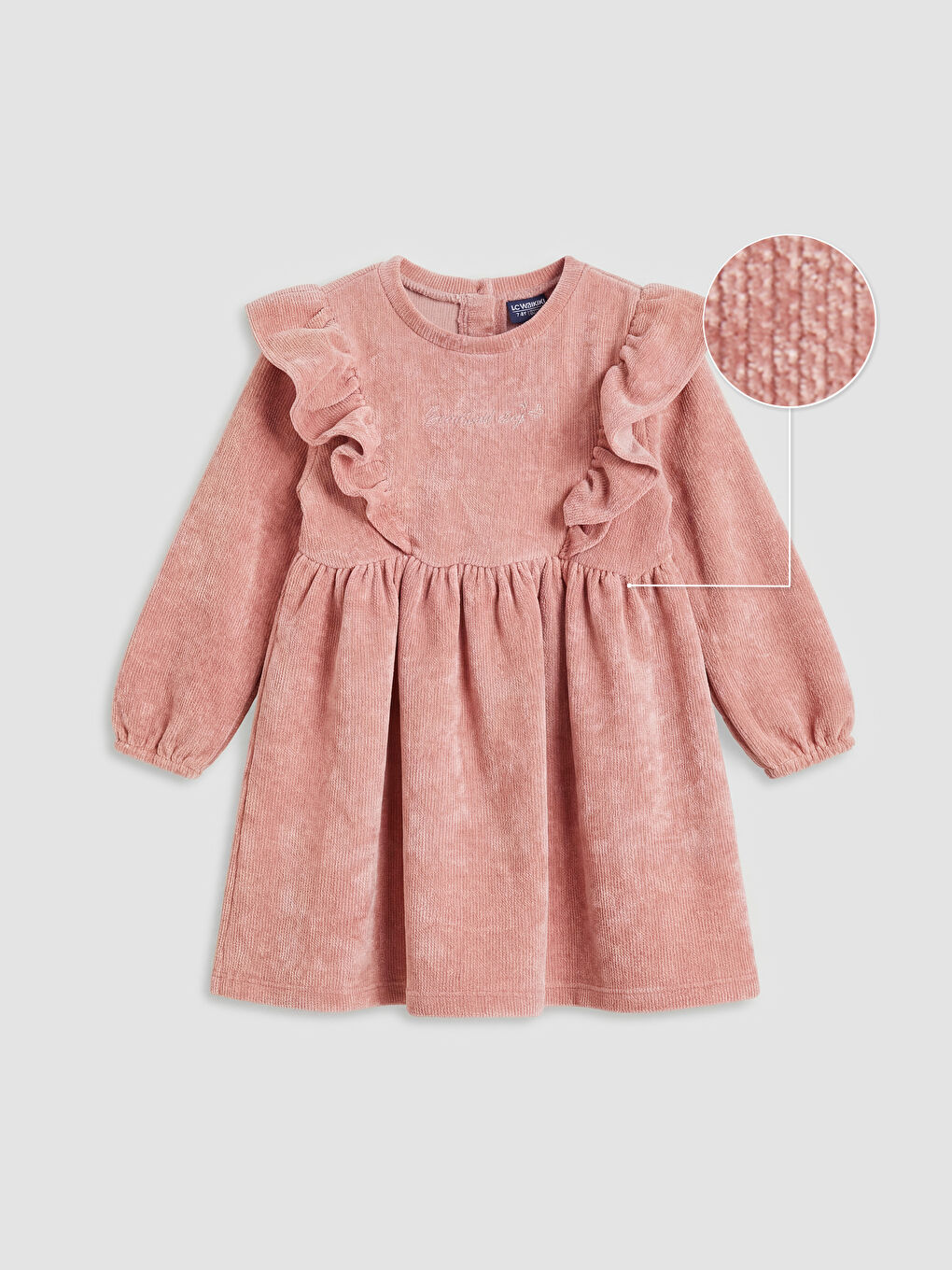 Pembe Fırfırlı Kız Çocuk Fitilli Kadife Elbise
