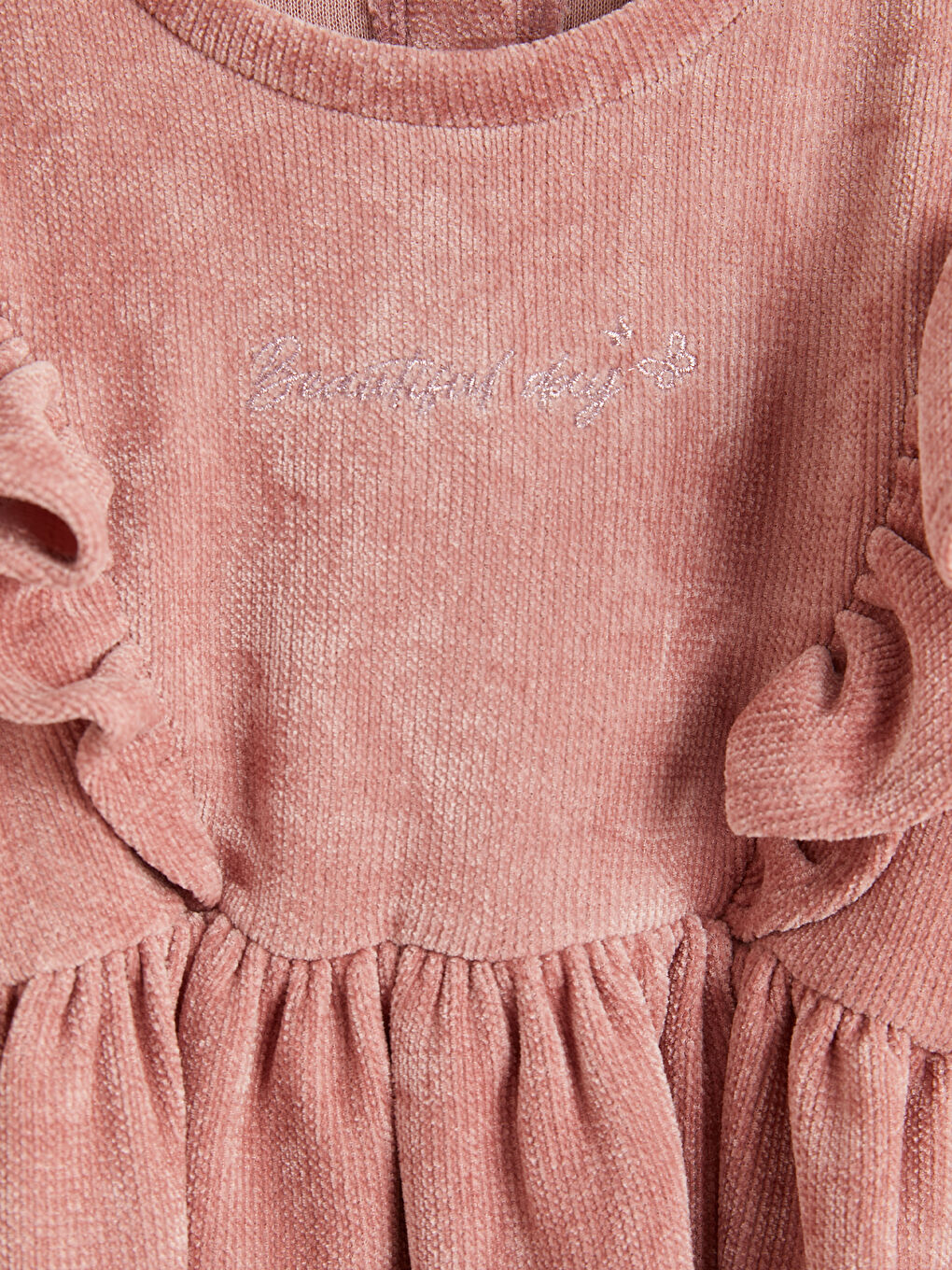 Pembe Fırfırlı Kız Çocuk Fitilli Kadife Elbise-2