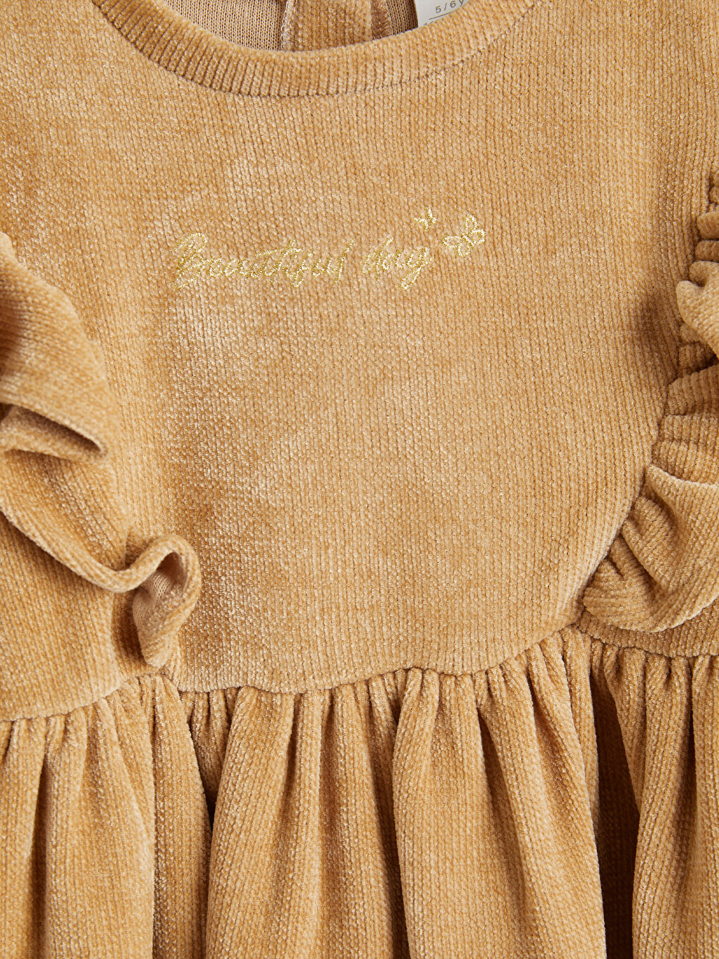Kahverengi Fırfırlı Kız Çocuk Fitilli Kadife Elbise-2
